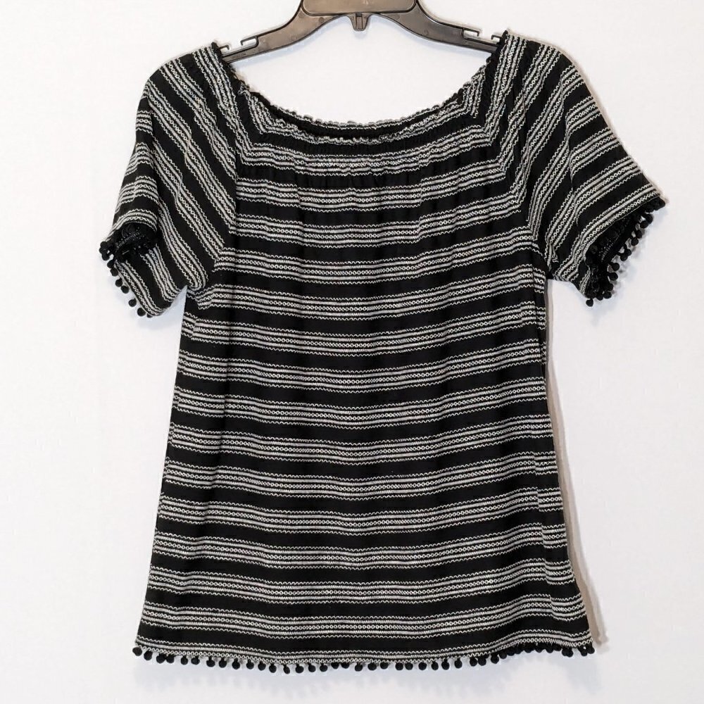 Women's RAFAELLA, Black/White Stripe, Short Sleeve Tunic Top; Tassels; Size PM